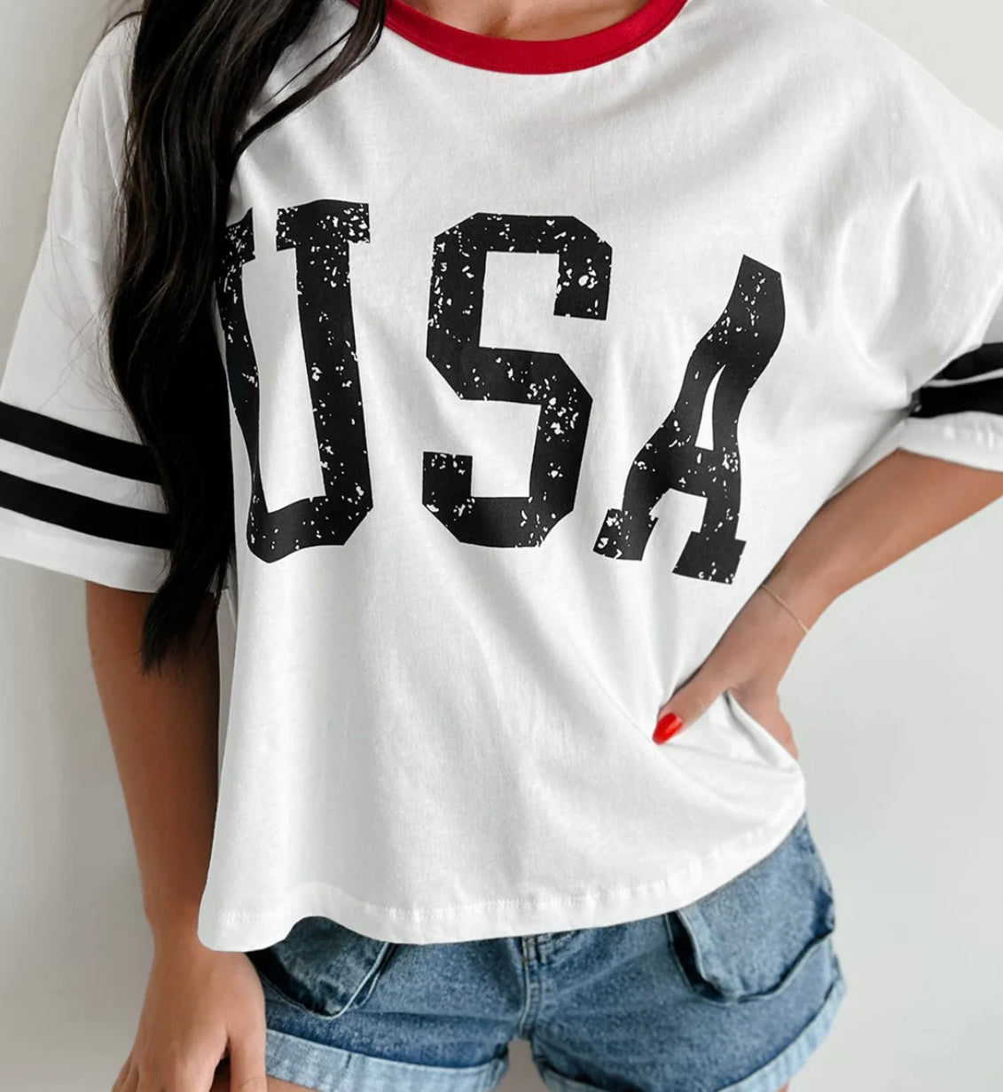 USA varsity striped sleeve top