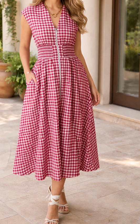 Red plaid zipper maxi dress