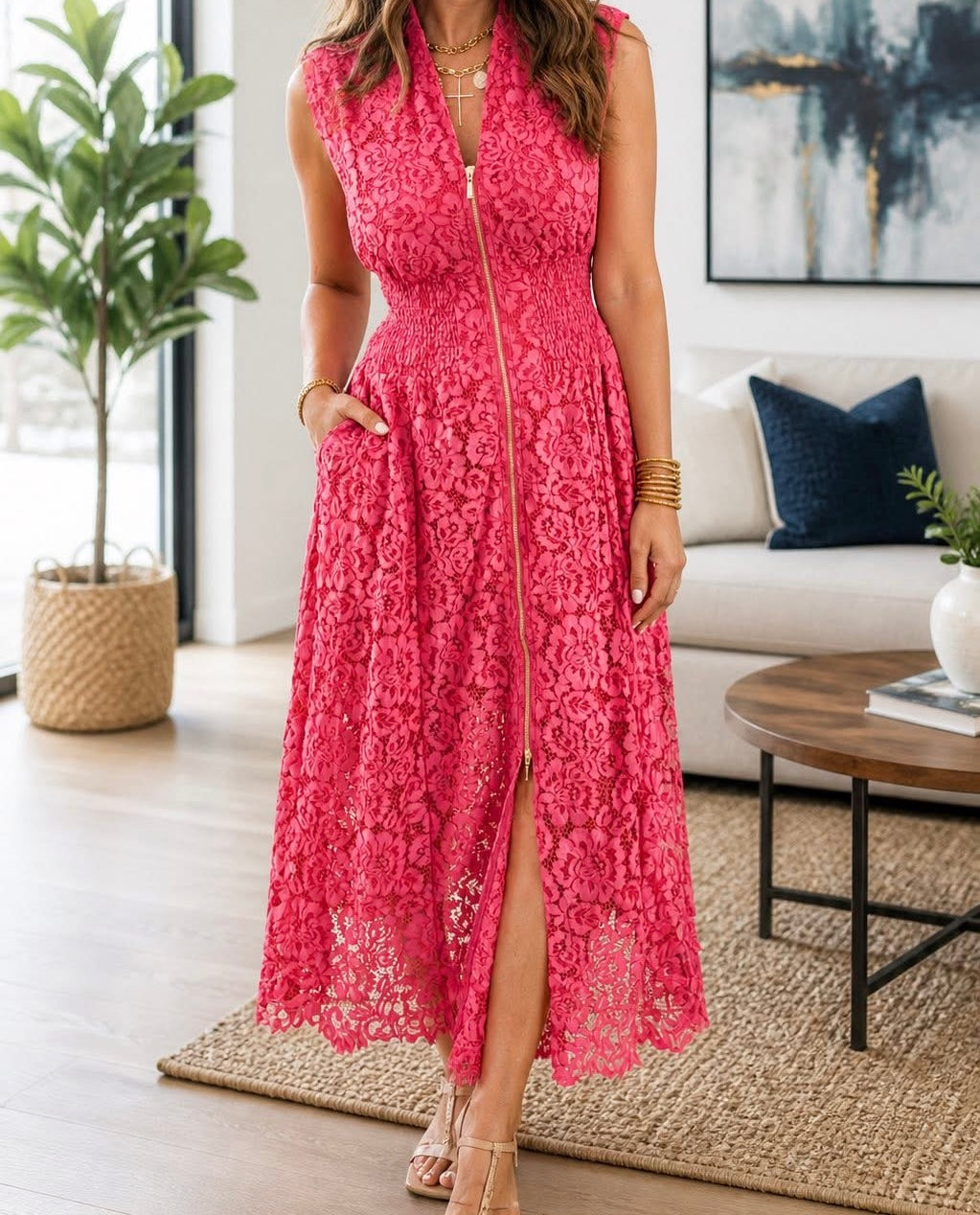 Coral floral lace zip dress