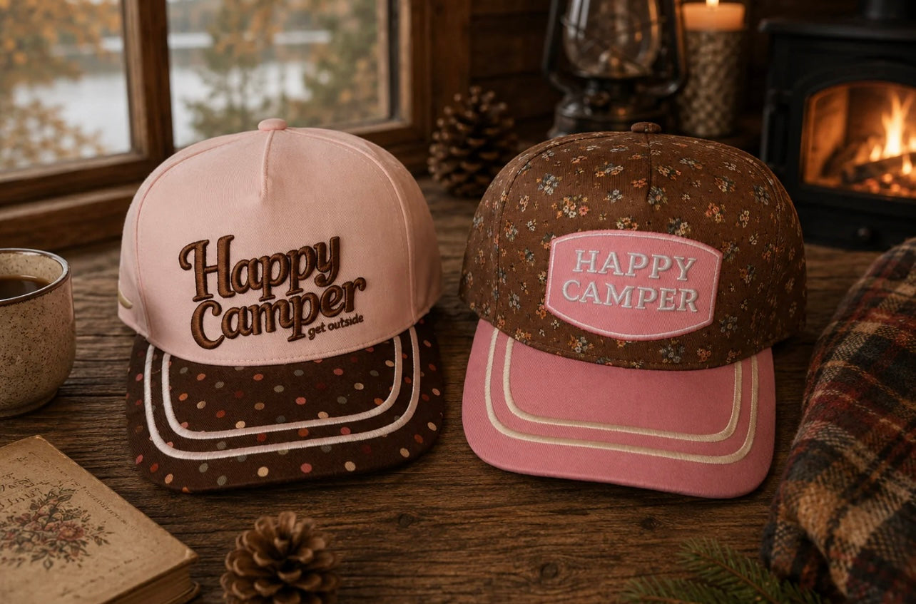 Happy camper trucker hats(PREORDER- arriving mid/end July)